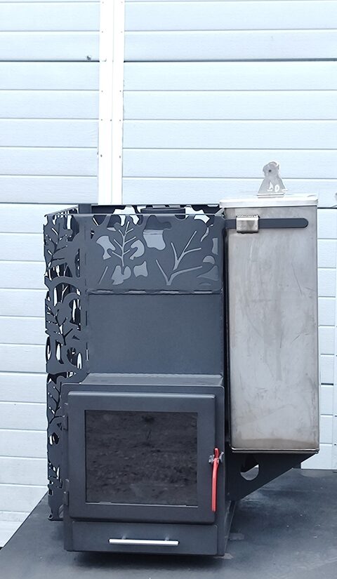 Sauna stove OZOLS medium, with stainless steel water tank 60L on the right side, glass door, heated from the adjacent room